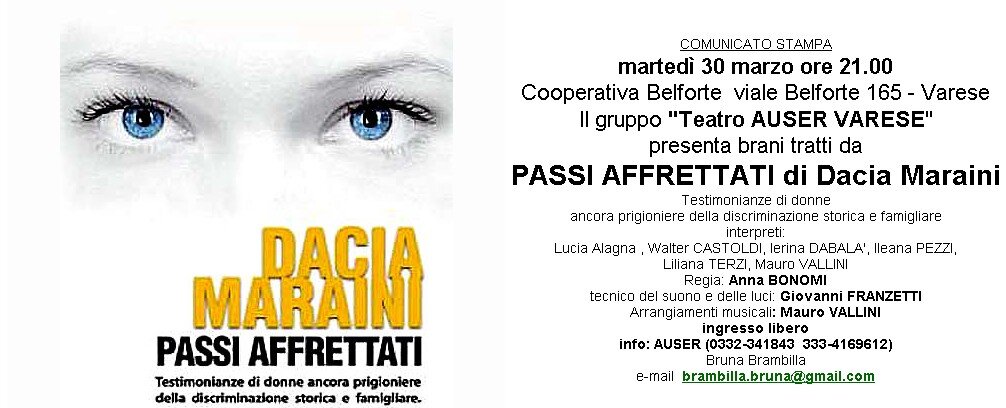  il gruppo di teatro Auser Varese  presenta brani di Dacia Maraini