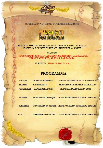 cenacolo dei poeti dialettali della famiglia Bosina e allievi di pianoforte  m° Vivien Bernasconi